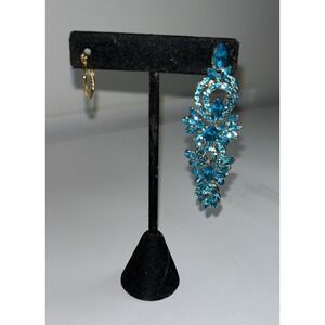 Unique Mismatched Earrings Blue Rhinestone Dangle Textured Gold Hoop Mermaidcore